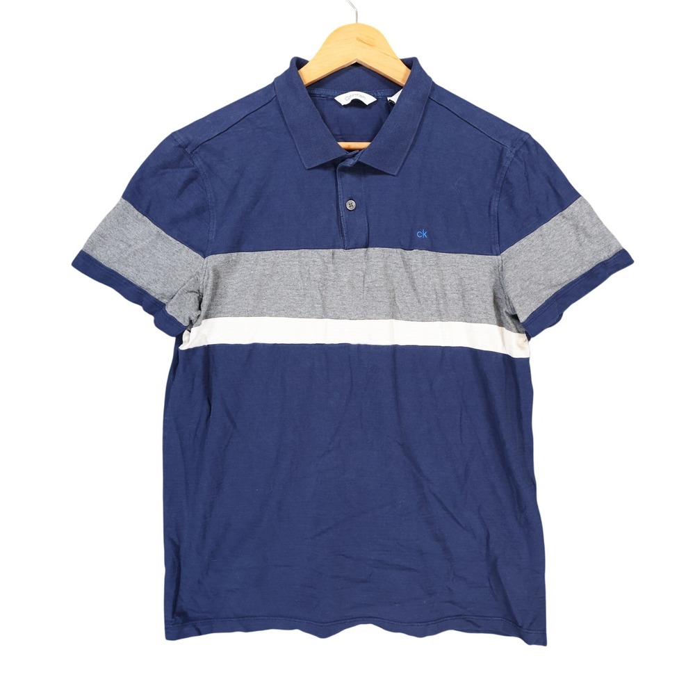 Calvin Klein Polo Mens Small Blue Excellent Colorblock Short Sleeve Cotton Shirt